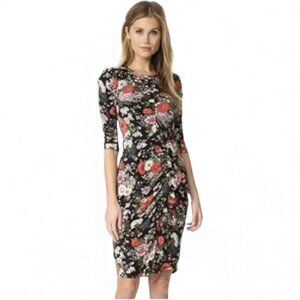 Rebecca Taylor Lua Dress 3/4 Sleeve Black Floral Jersey Women's Size